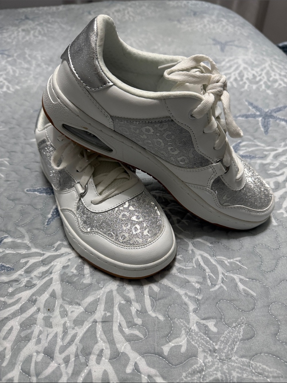 Skechers White and Silver Glitter Leopard-Accent Platform Sneakers